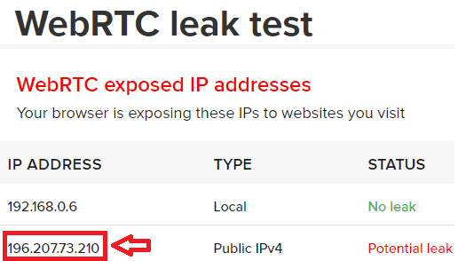 WebRTC Leak Test Result