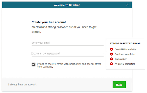 dashlane setting up master password