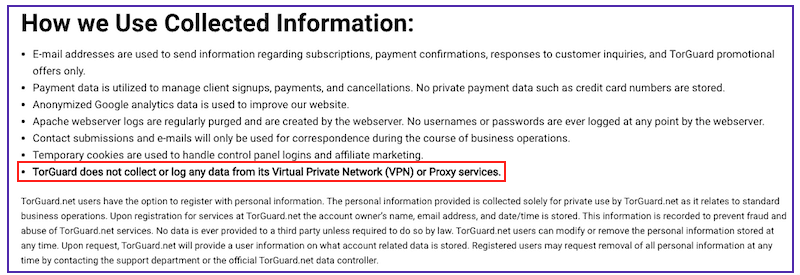 torguard privacy policy