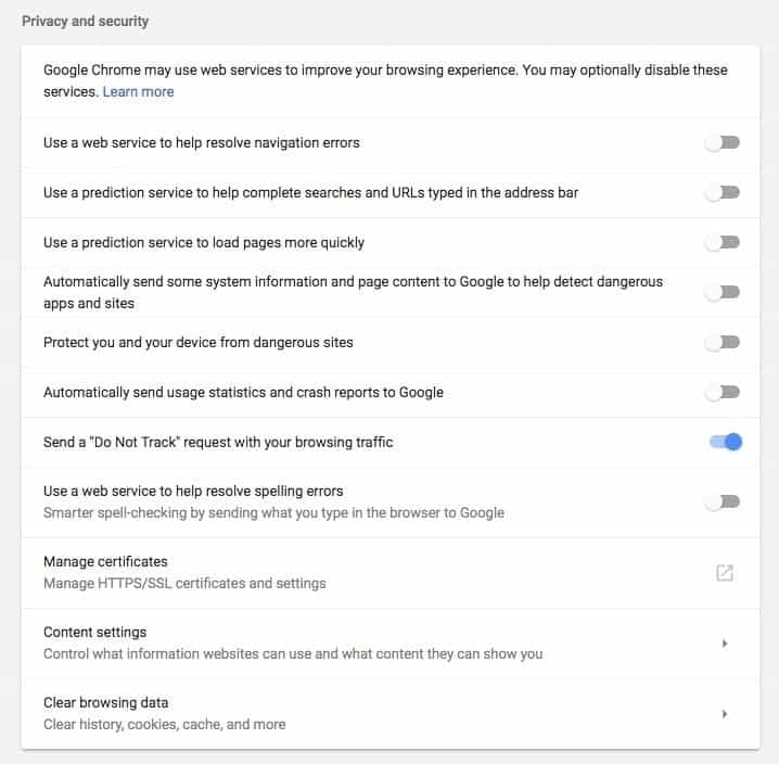 Chrome Privacy Settings