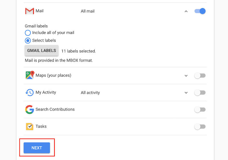 gmail selecting labels next button