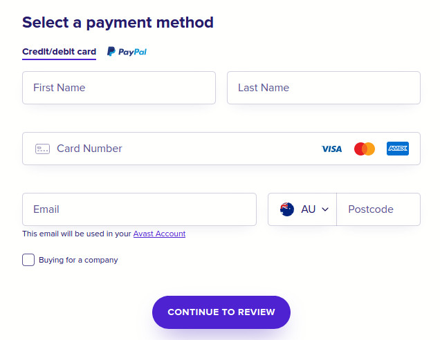 Avast Payment Option