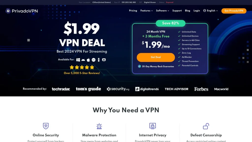 PrivadoVPN Free provides a reasonable amount of data for most users as one of the best free VPNs in Australia.