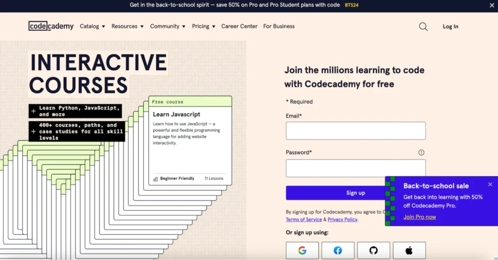 Codecademy homepage.