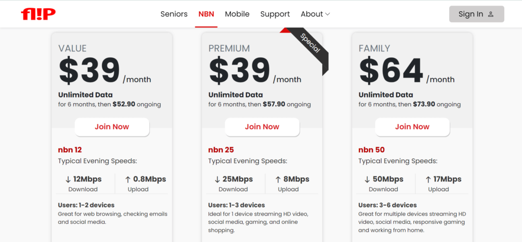 Flip homepage, showcasing the unlimited NBN 12, 25, and even NBN family plan offerings.