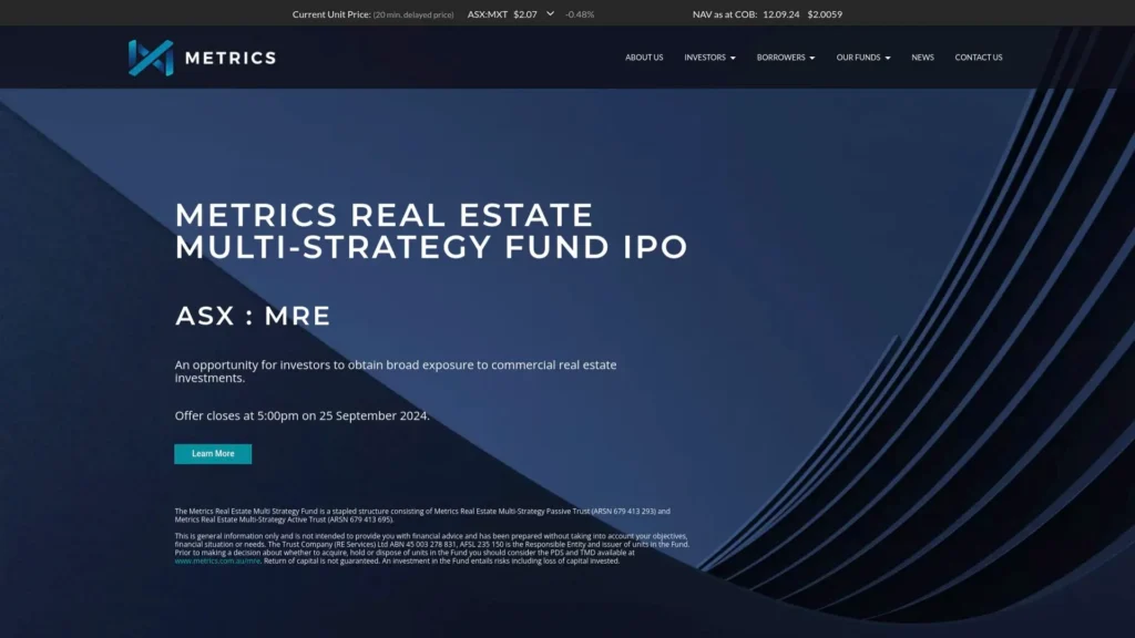 Metrics Credit Partner (MXT) homepage.