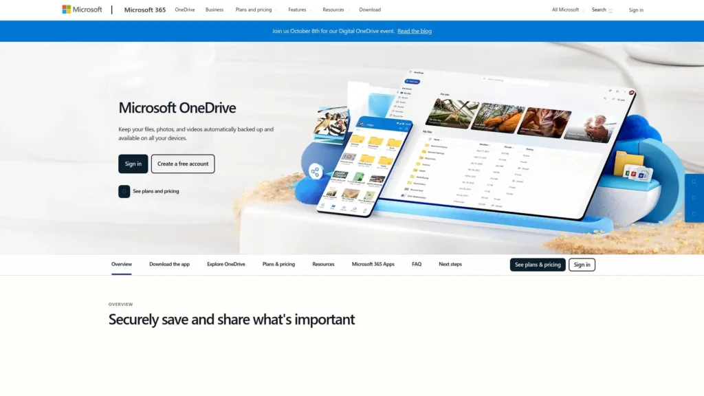 Microsoft OneDrive homepage.