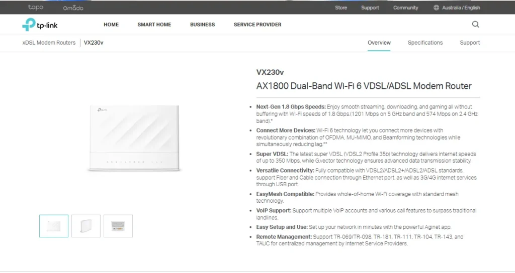 tp link webpage for the VX230v