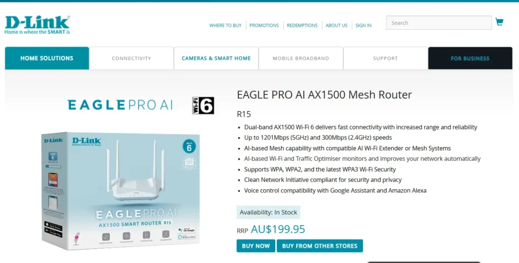 D-Link webpage for the R15 Eagle Pro AI Mesh Router.