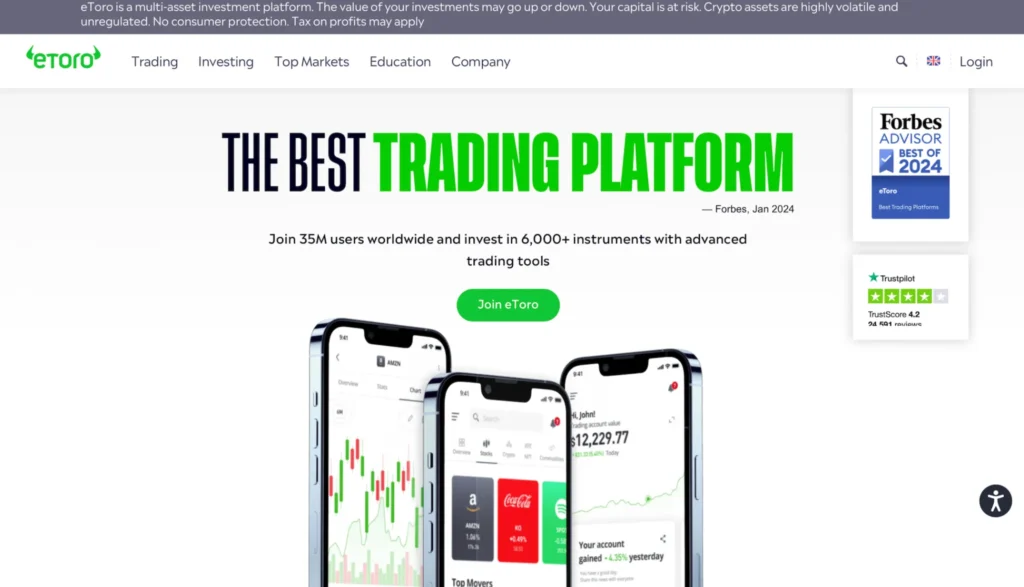 eToro homepage.