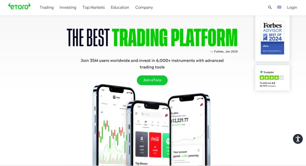 The eToro homepage shows you why it’s one of the best trading apps in Australia.