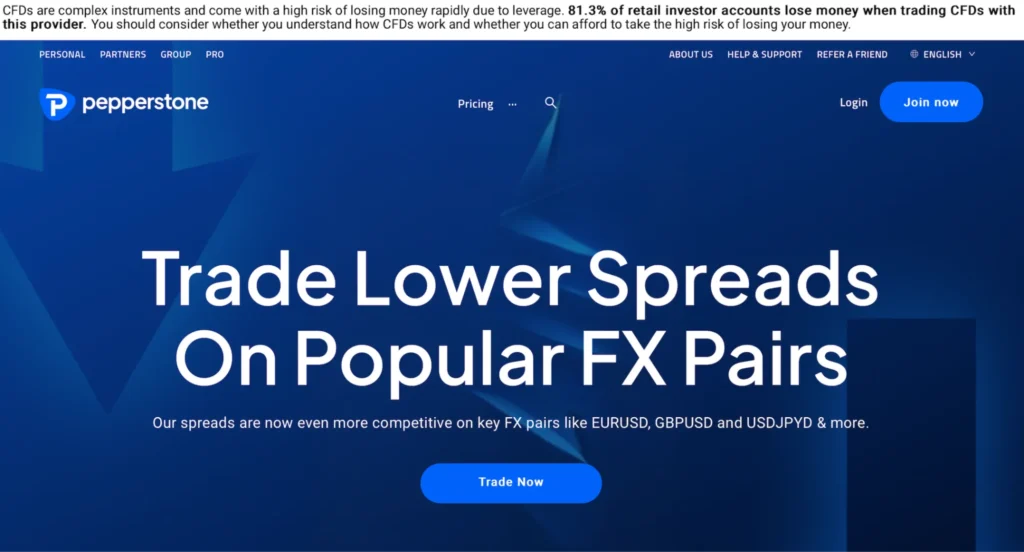 Pepperstone homepage, showcasing how you can trade lower spreads on popular FX pairs.