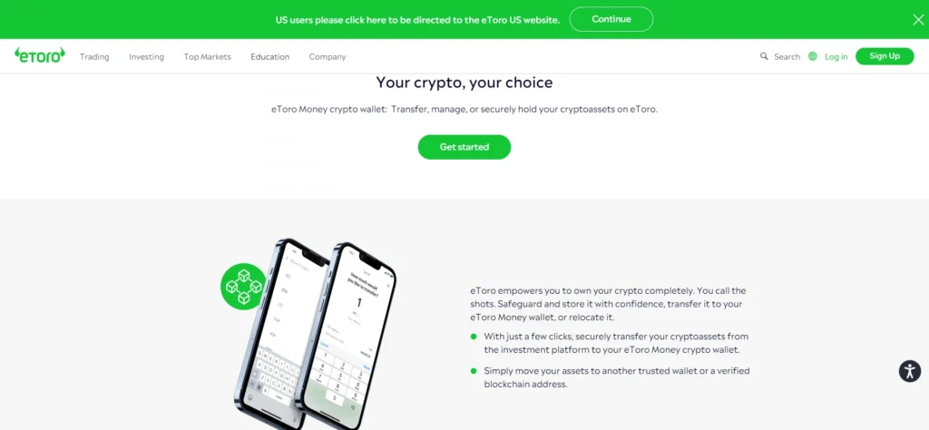 Screenshot of the eToro crypto wallet page, empowering you to own your crypto.