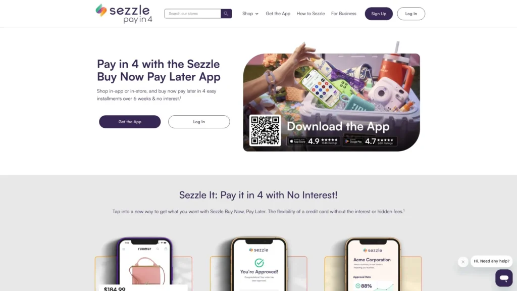 Sezzle homepage shows you how you can pay in 4 with no interest.