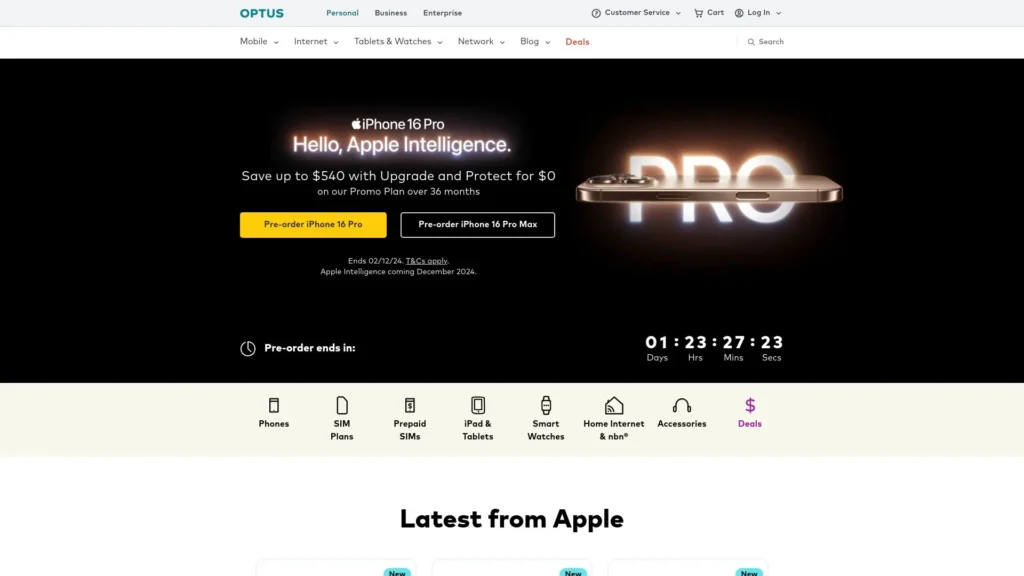 Screenshot of Optus home internet webpage.
