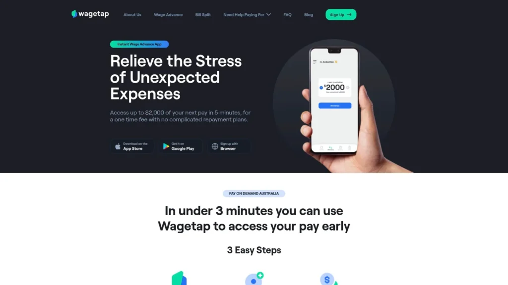 Wagepay wage advance app homepage.