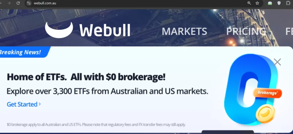 Webull app interface showing real-time trading options in the Australian market.