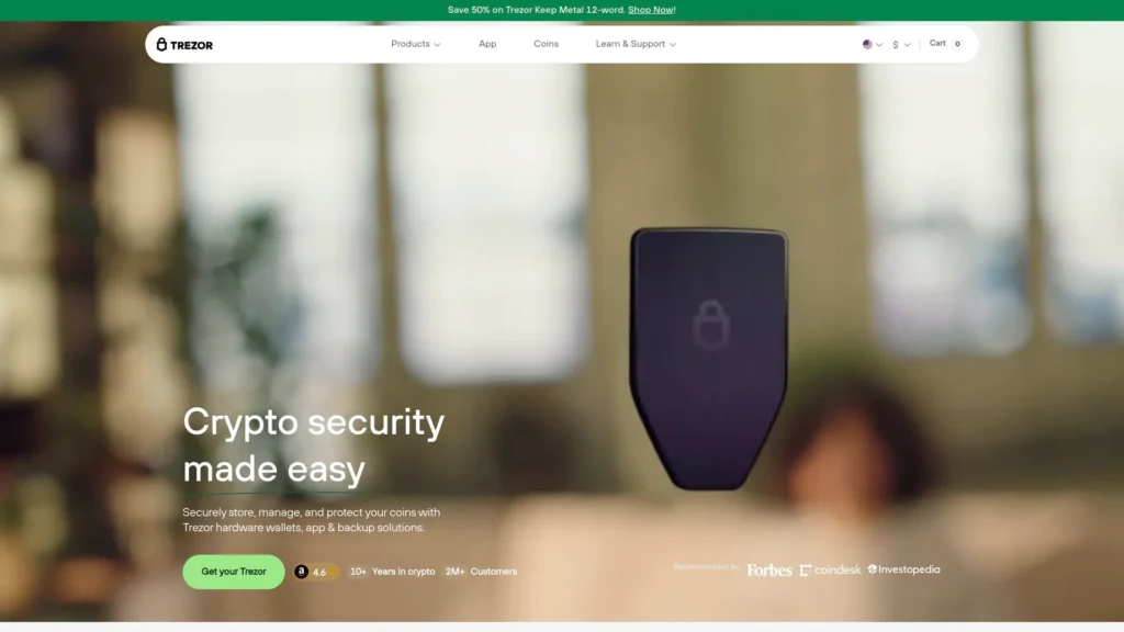 Trezor homepage, showcasing the first hardware wallet ever created, the Trezor.
