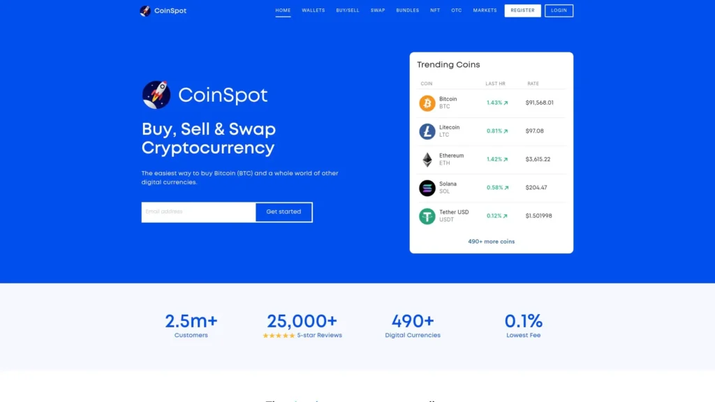  CoinSpot’s homepage highlights all that Australians can do from the site.