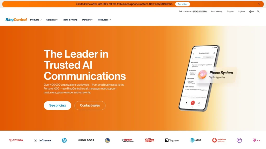 RingCentral small business phone system homepage.